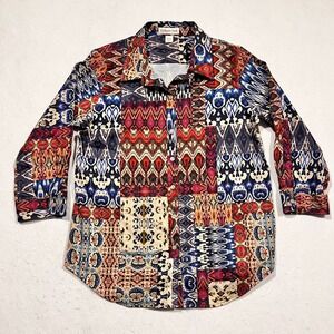 Coldwater Creek Shirt Top Button Up Mixed Batik Print Cotton Collared‎ 8P Petite